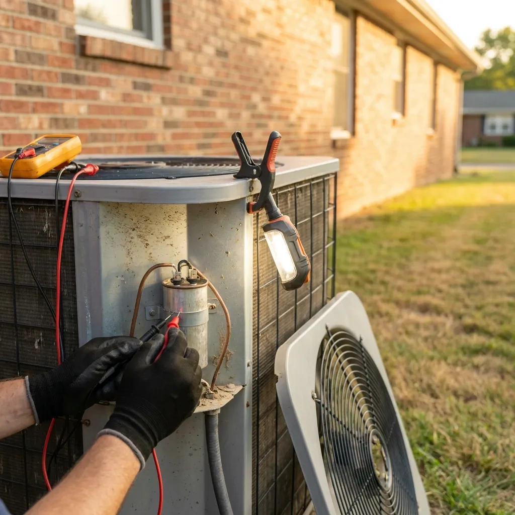 Gloved hands testing a capacitor with a multimeter inside an open air-conditioner condenser beside a brick house at dusk