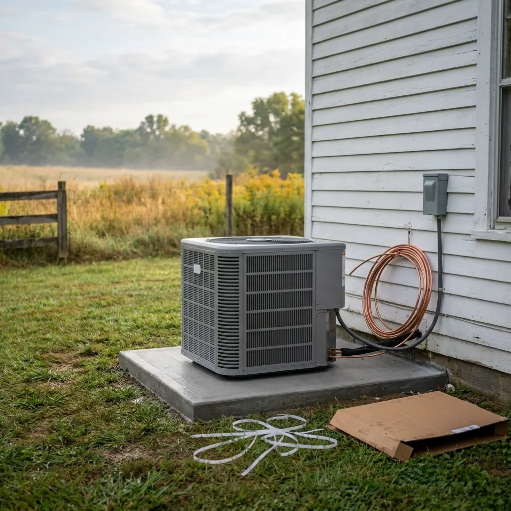 A new heat pump outdoor unit on a fresh concrete pad beside a white farmhouse, its shipping straps just cut